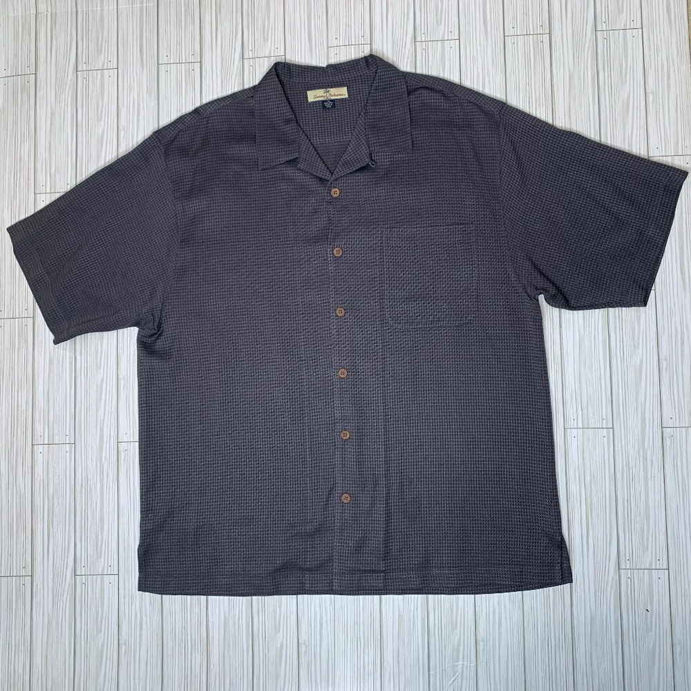 Tommy Bahama Men’s XL Silk Short-Sleeve Shirt Charcoal Gray Grid Design